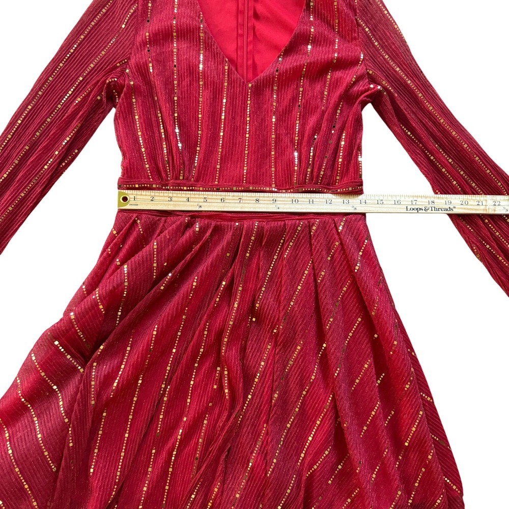 Chic Me Red Gold Sequin Stripe Dress Large V-Neck Long Sleeve Pleated Holiday - Picture 7 of 11